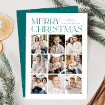 Modern Christmas Teal 9 Photo Collage Holiday Card<br><div class="desc">Modern Christmas photo card featuring "Merry Christmas" displayed at the top of the design in trendy teal lettering with a white background. A photo collage of 9 photos is shown below in a grid-style layout. Personalise the multi-photo Christmas card with your family name. The card reverses to display a teal...</div>