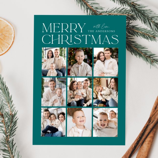 Modern Christmas Teal 9 Photo Collage Holiday Card (Creator Uploaded)