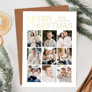 Modern Christmas Toffee Brown 9 Photo Collage Foil Holiday Card