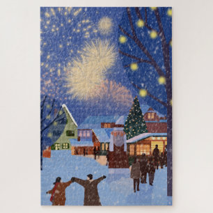 Modern Christmas Town in Snow Art Christmas Jigsaw Puzzle
