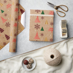 Modern Christmas Tree and Snow flakes Gift Wrapping Paper