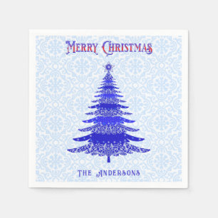 Modern Christmas Tree Blue Personalized Snowflakes Napkin