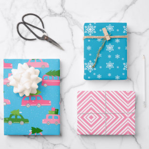 Modern Christmas Tree & Car in Blue Pink Stripes Wrapping Paper Sheet