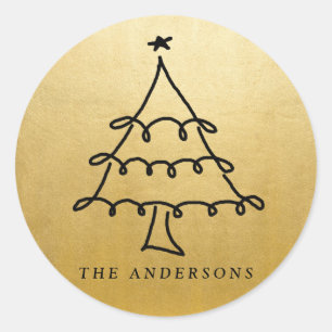Modern Christmas Tree Drawing Faux Gold Foil Classic Round Sticker