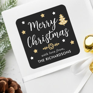 Modern Christmas Tree Family Name Black Custom Square Sticker