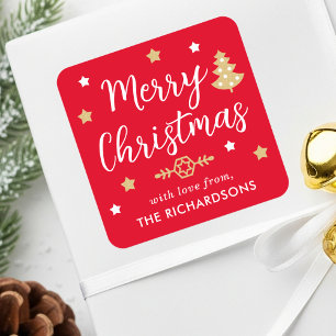 Modern Christmas Tree Family Name Red Custom Square Sticker