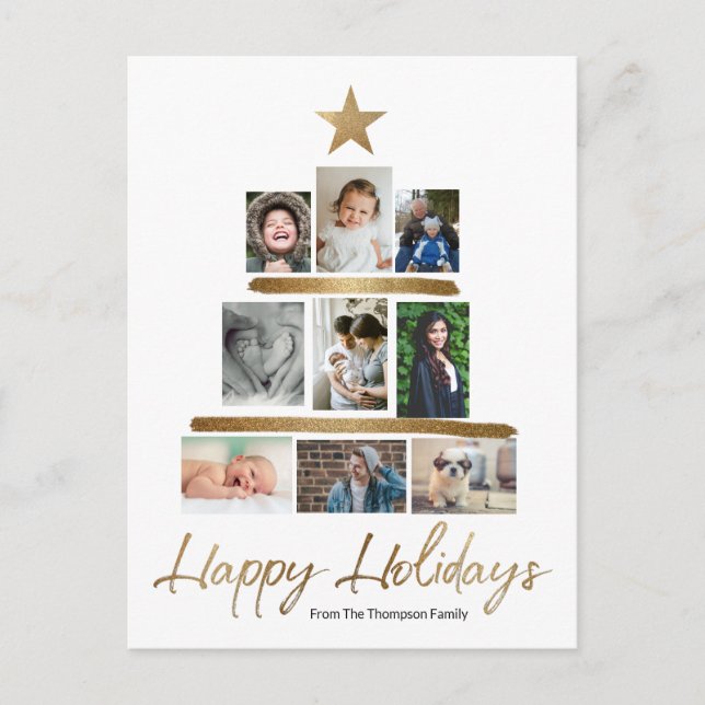 Modern Christmas tree Gold Script Family Photos Holiday Postcard (Front)