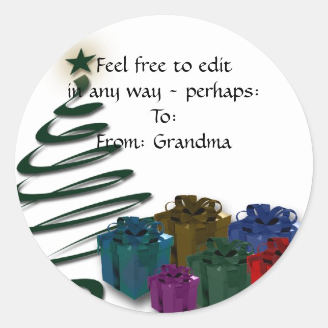 Modern Christmas Tree Graphic w/ Bright Presents Classic Round Sticker (Front)