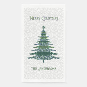 Modern Christmas Tree Green White Personalised Napkin