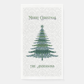 Modern Christmas Tree Green White Personalised Napkin