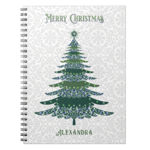 Modern Christmas Tree Green White Personalised Notebook