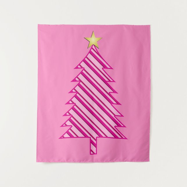 Modern Christmas Tree in Pink Peppermint Stripes Tapestry (Front)