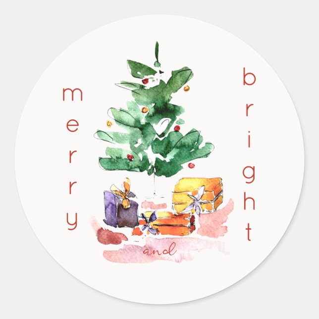 Modern Christmas Tree "Merry and Bright" Minimal Classic Round Sticker (Front)