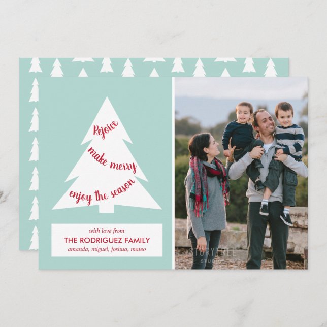 Modern Christmas Tree Mint Green with Custom Photo Holiday Card (Front/Back)
