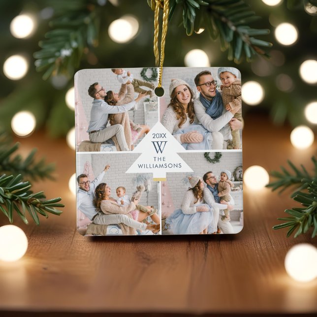 Modern Christmas Tree Monogram Four Photo Family Ceramic Ornament (Modern Christmas Tree Monogram Four Photo Family Ceramic Ornament)