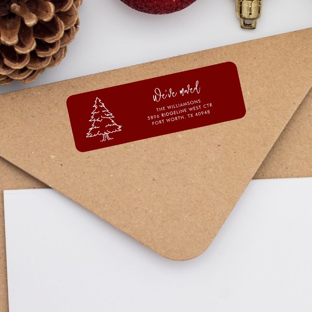Modern Christmas Tree Moving Return Address Label (Christmas Moving Announcement Burgundy Return Address Label)