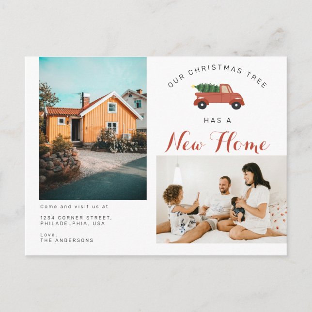 Modern Christmas Tree New Home Red Car Moving Announcement Postcard (Front)