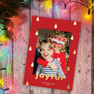 Modern Christmas Tree One Photo Red + Gold Foil Holiday Card