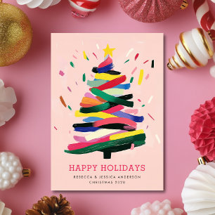 Modern Christmas Tree Painting Custom Photo Holiday Card