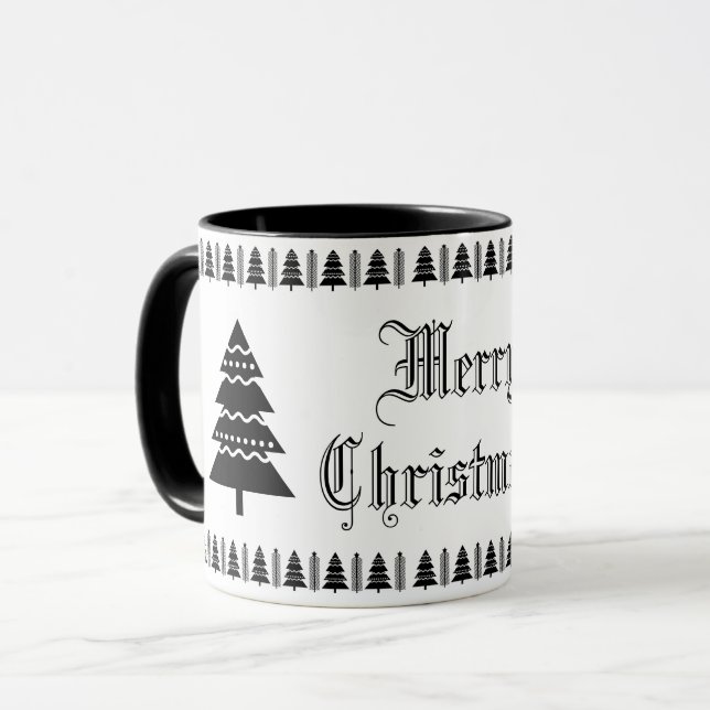 Modern Christmas Tree Pattern Black and White Mug (Front Left)