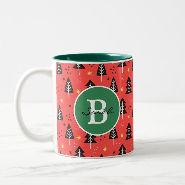 Modern Christmas Tree Pattern Red Orange Monogram Two-Tone Coffee Mug (Left)