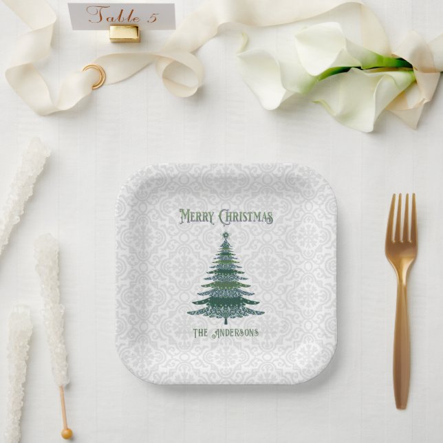 Modern Christmas Tree Personalised Green White Paper Plate (Wedding)
