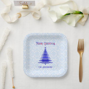 Modern Christmas Tree Personalized Blue Snowflakes Paper Plate