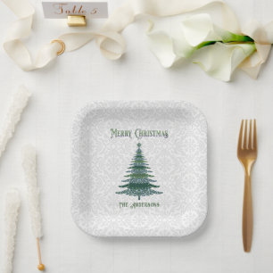 Modern Christmas Tree Personalized Green White Paper Plate