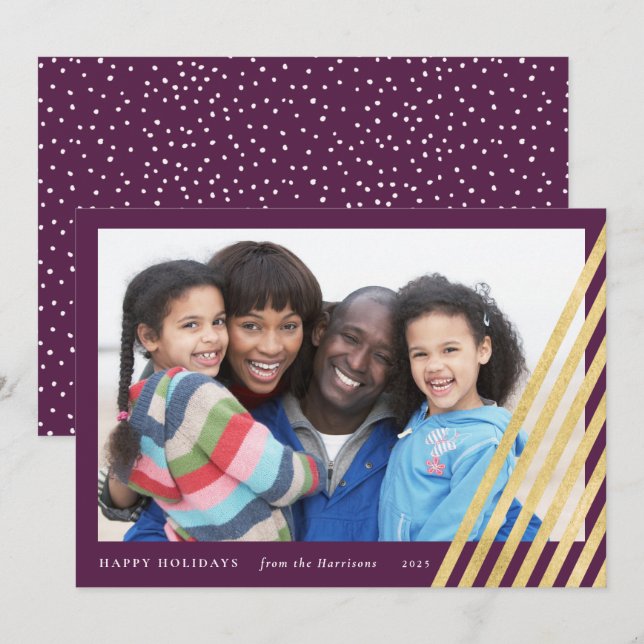 Modern Christmas Tree Photo Card | Purple and Gold (Front/Back)