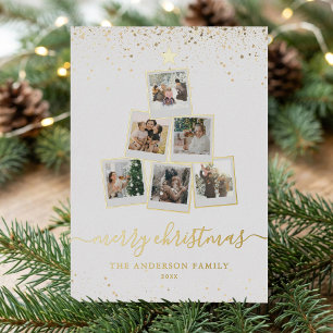 Modern Christmas Tree Photo Collage Foil Holiday Card