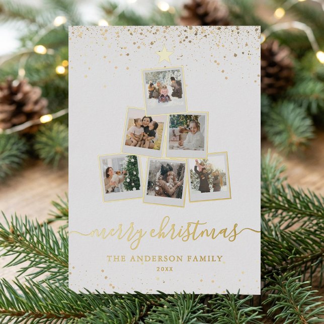 Modern Christmas Tree Photo Collage Foil Holiday Card (Creator Uploaded)