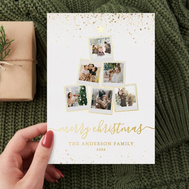 Modern Christmas Tree Photo Collage Foil Holiday Card (Creator Uploaded)