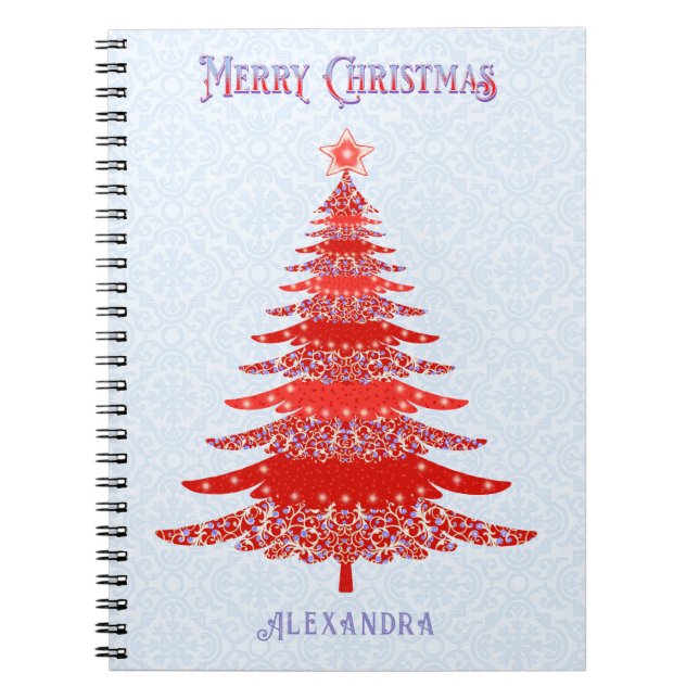 Modern Christmas Tree Red Blue Personalised Notebook (Front)