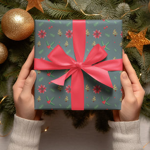 Modern Christmas Tree & Red Flowers Gift  Wrapping Paper