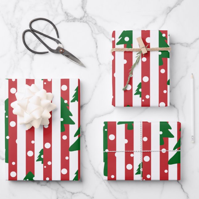 Modern Christmas Tree Red Green Striped pattern Wrapping Paper Sheet (Front)