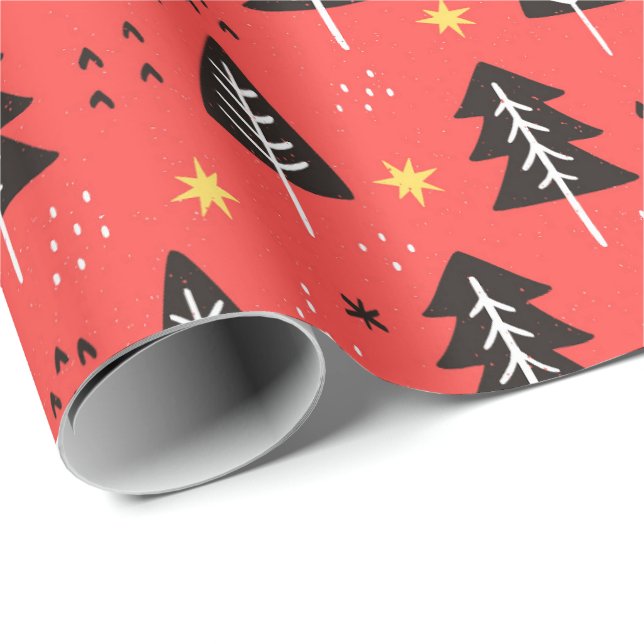 Modern Christmas Tree Red Orange Colour Pattern Wrapping Paper (Roll Corner)
