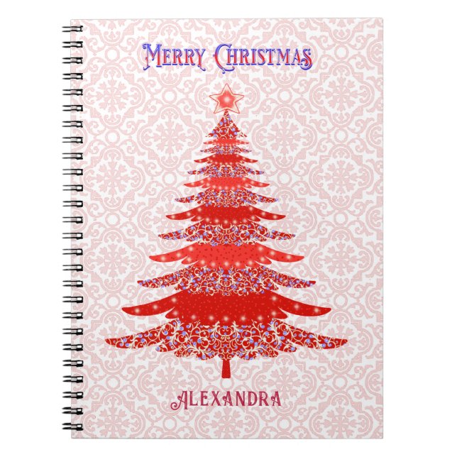Modern Christmas Tree Red Personalised Snowflakes Notebook (Front)