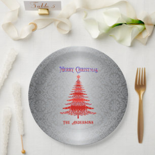 Modern Christmas Tree Red Silver Ornaments Paper Plate