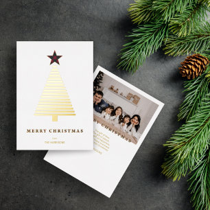 Modern Christmas Tree Red Tartan Star Photo Foil Holiday Card