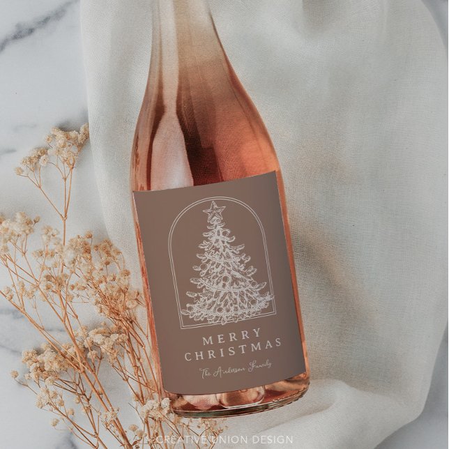 Modern Christmas Tree Sketch Arch Boho Holiday Wine Label (Creator Uploaded)