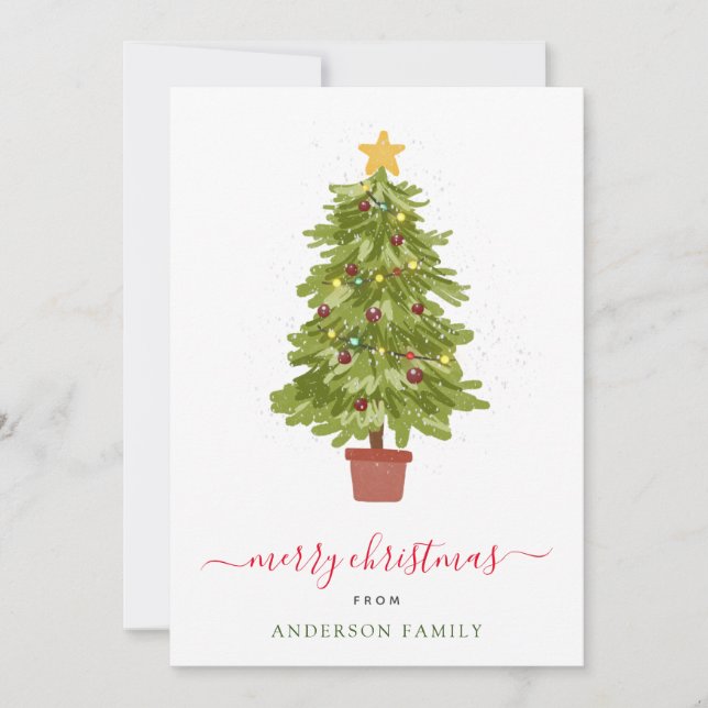 Modern Christmas Tree Snowy Family Photo Holiday Card (Front)