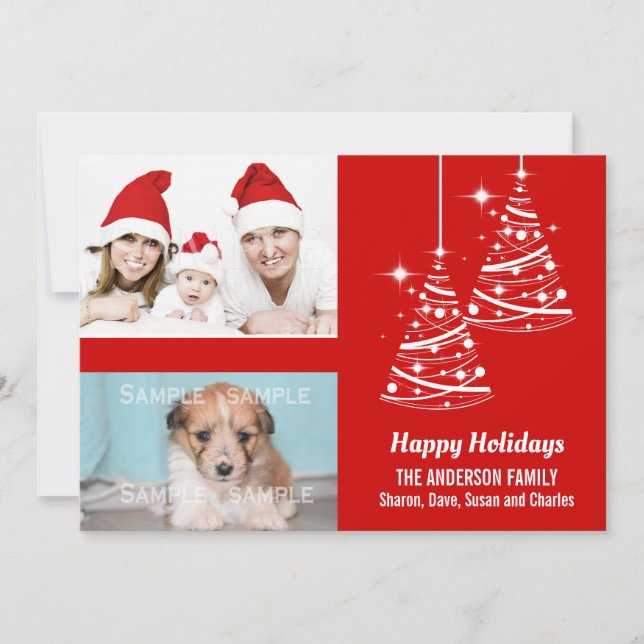 Modern christmas tree sparkle family PHOTOS red Holiday Card (Front)