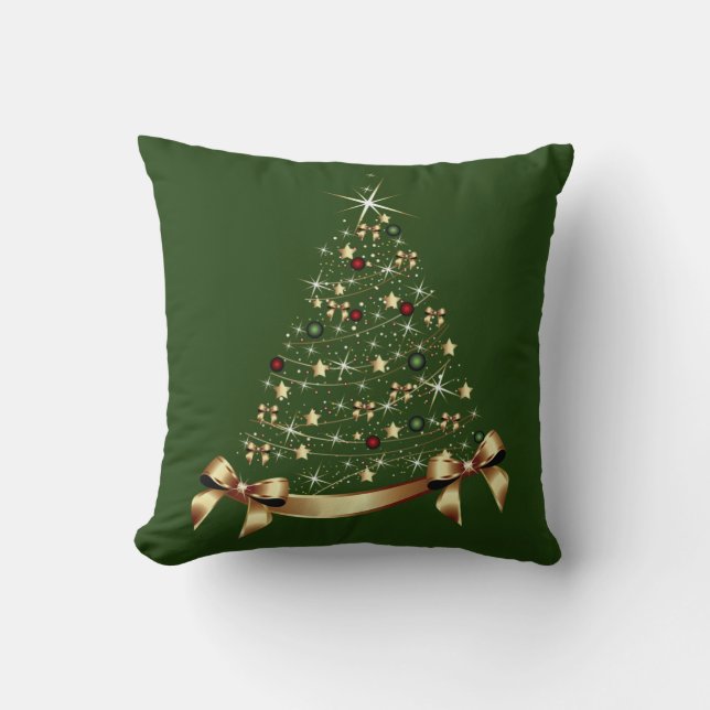 Modern Christmas Tree Stars Ornament Gold Bow Cushion (Front)