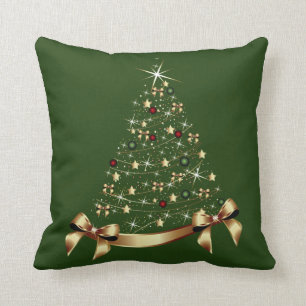 Modern Christmas Tree Stars Ornament Gold Bow Cushion