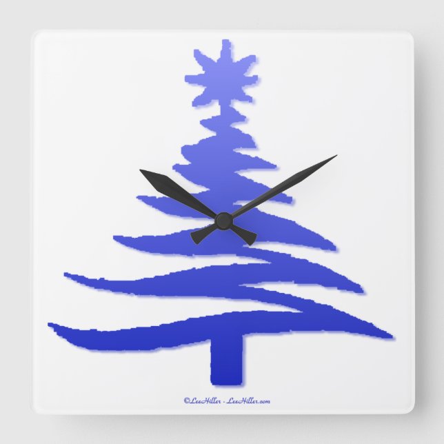 Modern Christmas Tree Stencil Print Blue Square Wall Clock (Front)