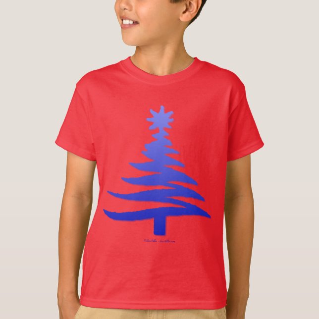 Modern Christmas Tree Stencil Print Blue T-Shirt (Front)