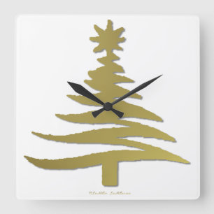 Modern Christmas Tree Stencil Print Gold Square Wall Clock