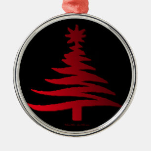 Modern Christmas Tree Stencil Print Red Metal Ornament