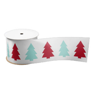 Modern Christmas Tree, Teal and Red Satin Ribbon