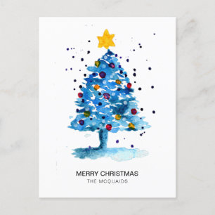 Modern Christmas Tree Watercolor Blue Holiday Postcard
